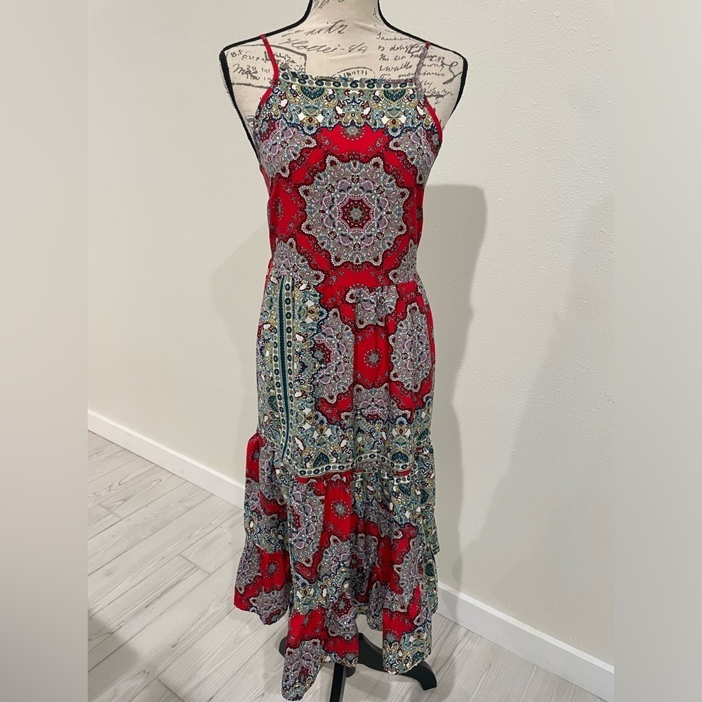 Band of Gypsies Red and Gray Ruffled Tiered Maxi Sundress